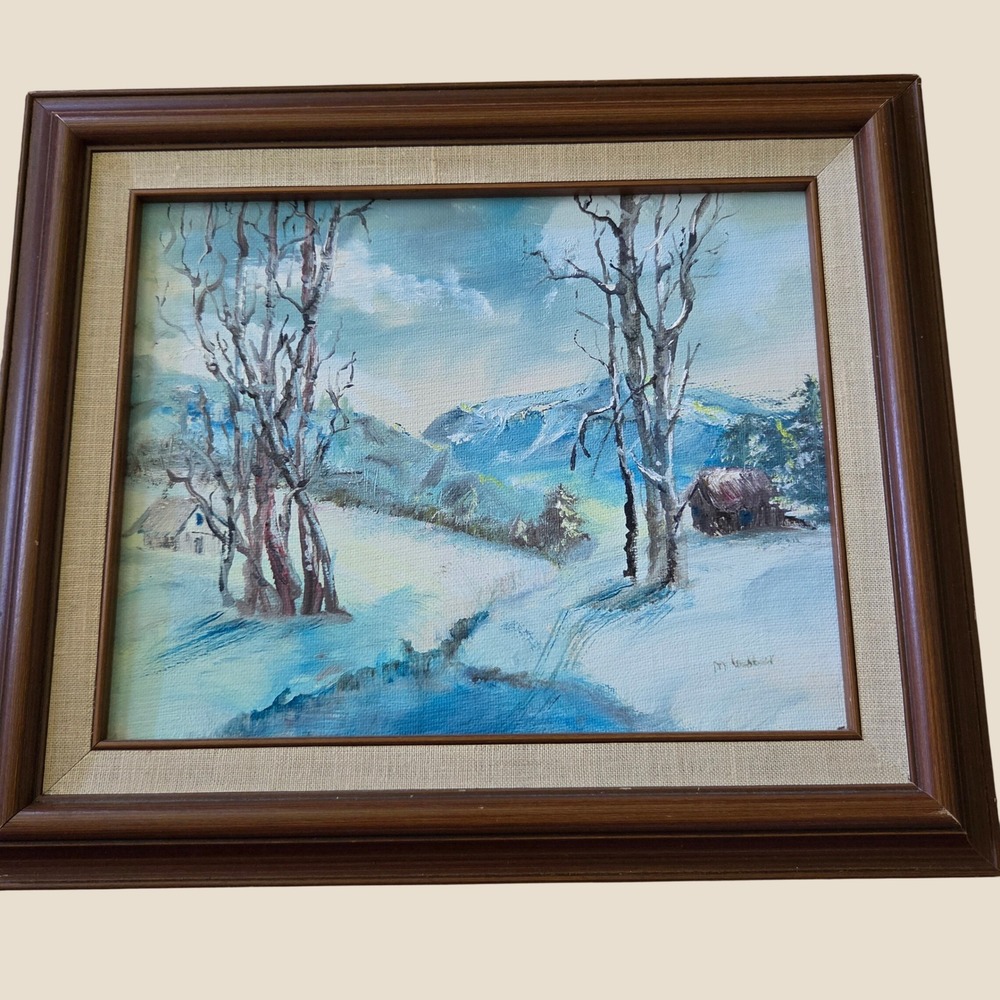 M. Webber Signed Original Oil Painting Winter Landscape Cabin Mountain Framed